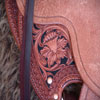 Half tooled Vaquero Lace with Daffodil flower Wade Saddle
built on a 94 degree bar that fits a well built muscular shoulders -
The seat is finished at 15 & 1/2 inch with a close contact deep pocket fit -
Gullet is 7 & 1/2 inch height by 6 & 1/2 width with the back hand hole width at 4 inch -
Horn is 6 inch height by 5 and 1/2 inch width Guadalajara at 31 degree pitch - Cantle is 4 and 1/2 inch in height by 12 & 1/2 in width with a Cheyenne roll - Flat plate riggin at 7/8ths
- leather lined 5 inch Stainless Steel Moran Stirrups .